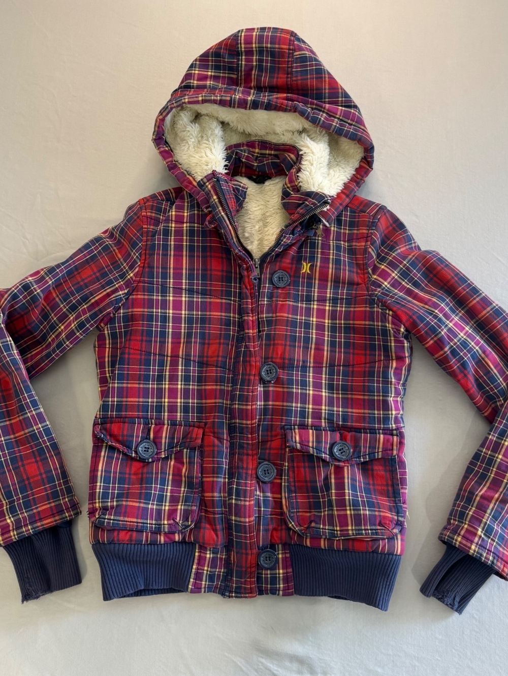 Vintage 2000s Hurley Plaid Sherpa Lined Jacket M Y2K Heavyweight Hooded